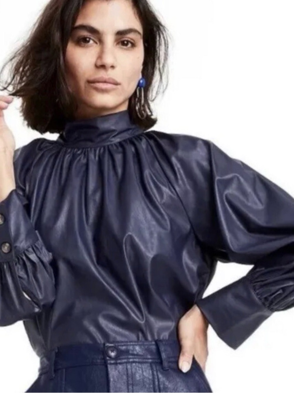 Rachel Comey Blue Faux Leather Navy Tie-Back Blouse Size XXS NWT